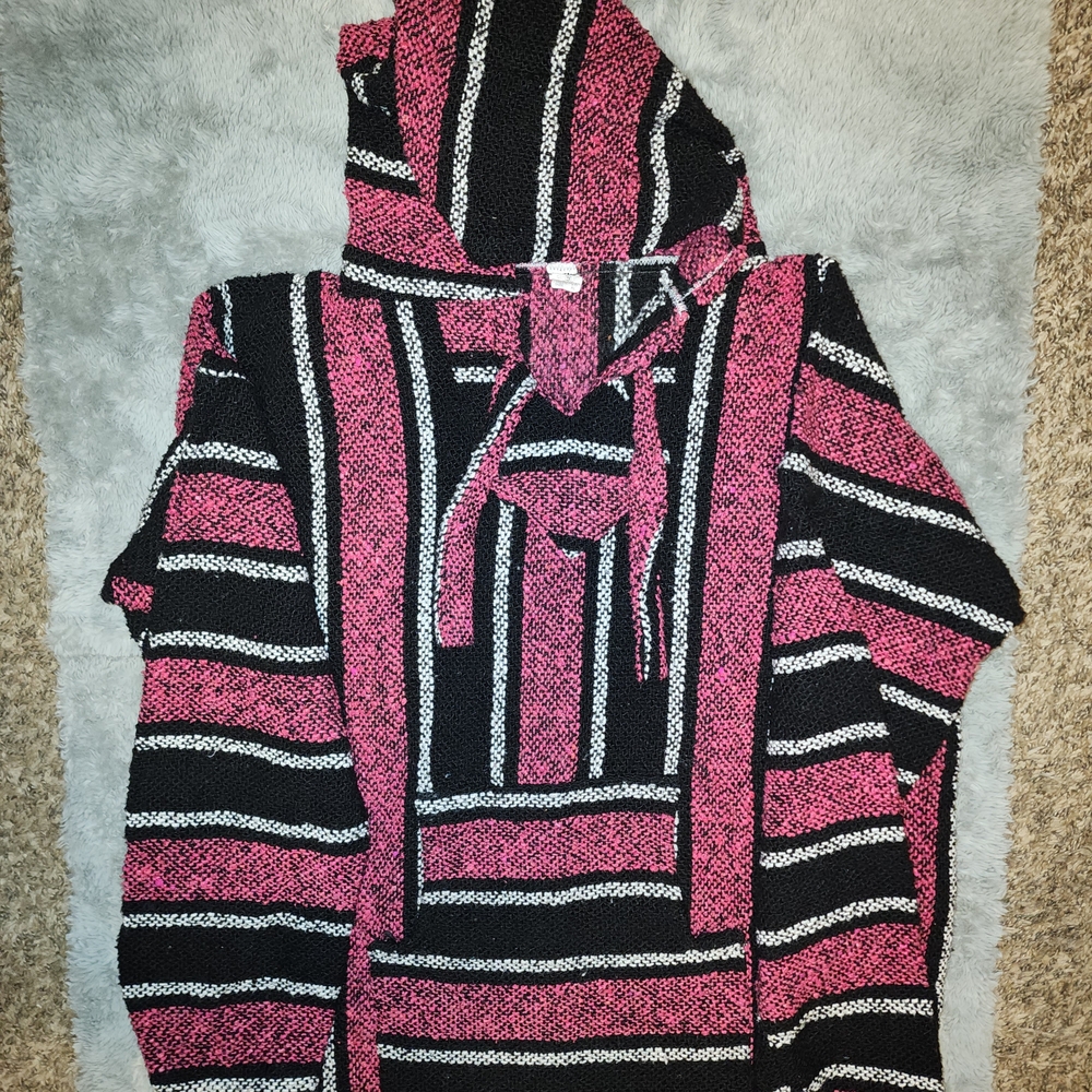 Baja Hoodie Pink Black Drug Rug Surf Skate Festival Pullover XL Made In Mexico